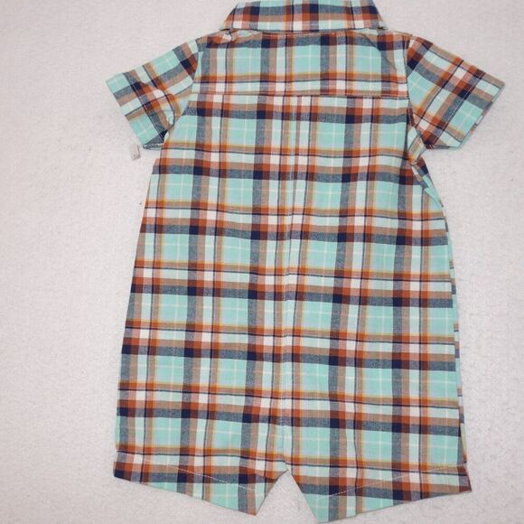 NEW Carter's 6 Month Blue Rust Plaid Button Up w/ Collar Romper Short Outfit - Picture 4 of 4